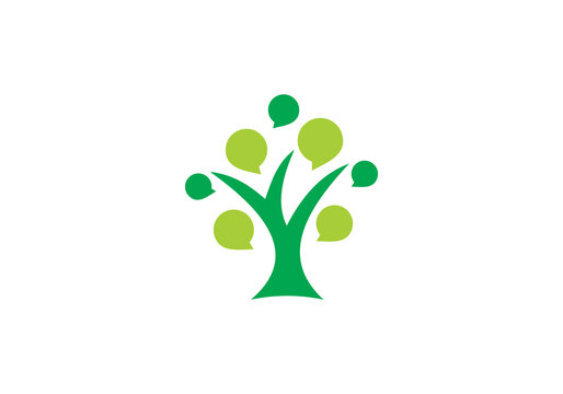 chat bubble with tree logo. media conversation, information symbol icon design