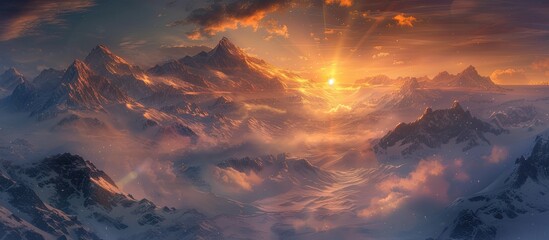 The painting depicts a vibrant sunset over a towering mountain range. The snow-capped peaks glisten under the warm glow of the setting sun, casting long shadows across the landscape. The sky is