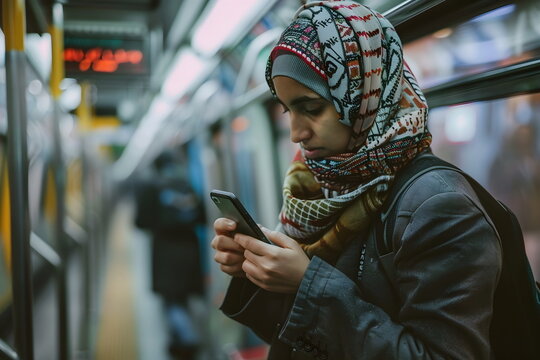 young arabian woman messaging with mobile phone on a train