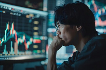 A sad asian man looking at a display with stock exchange data and chart graphs