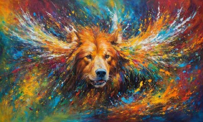 Portrait of a bear with colorful splashes.