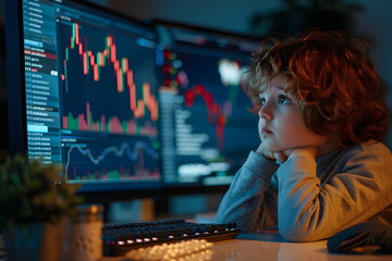 A sad child boy looking at a display with stock exchange data and chart graphs - obrazy, fototapety, plakaty