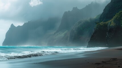 A dramatic Hawaiian coastal scene where the majestic jagged cliffs meet the power of the sea  - AI...