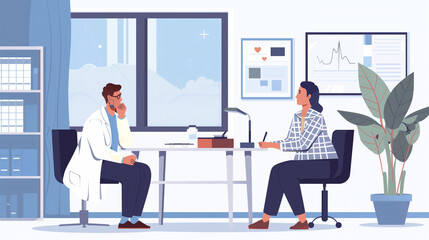 Naklejka premium Doctor attentively listening to a patient's complaints, seated in the doctor's office. Medicine, doctor, practitioner, clinic, health care concept.