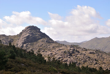 Mountain landscape in the north of Portugal, Serra do Gerês, scenery with three mountains, Cordillera