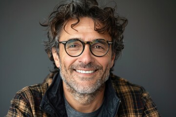 Obraz premium emotional portrait of happy Italian man in glasses. ai generated
