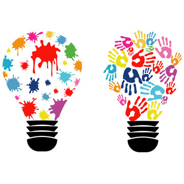 colorful handprint in lightbulb shape, Handprint in lightbulb & splashes lightbulb, Creative Thinking Vector & illustration