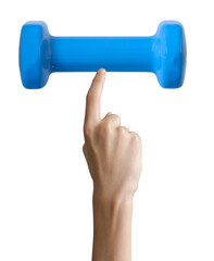 Closeup Hand pointing finger to dumbbell isolated on white background, concept of healthy lifestyle
