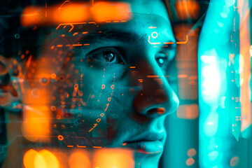 businessman in a suit looking at the screen of a computer with digital icon set in a futuristic way