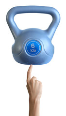 Abstract healthy concept, Closeup Hand pointing finger to kettlebell isolated on white background, concept of healthy lifestyle