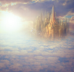 Heaven, clouds and castle with light for fantasy, creative imagination and surreal with birds, sky...