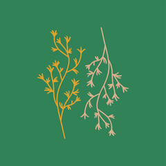 Plants, branch. Spring green poster. Interior poster, postcard, cover. Flat design, cartoon drawing, vector illustration.