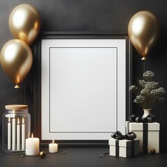 Birthday gift box and balloons with photo frame