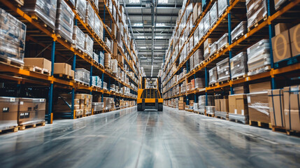 A vast warehouse space filled with neatly stacked pallets of goods, bustling with activity as forklifts and pallet jacks maneuver between aisles, while workers meticulously organiz - obrazy, fototapety, plakaty