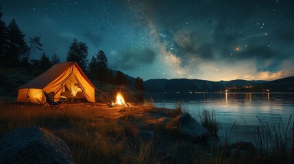 Camping under the Stars: A cozy campsite under a starry night sky, with a crackling campfire and silhouetted tents, conveying the joy of outdoor camping