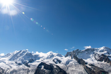 View summer 2021 of Monte Rosa massif with Dufourspitze, Lyskamm (Silberbast), Breithorn in Pennine...