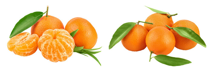 Tangerine or clementine with green leaf isolated on white background with full depth of field.