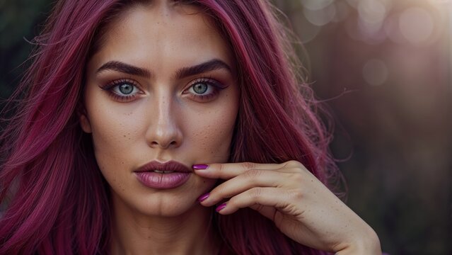 Portrait of a beautiful woman with pink hair. Fashion photo. skin advertisment