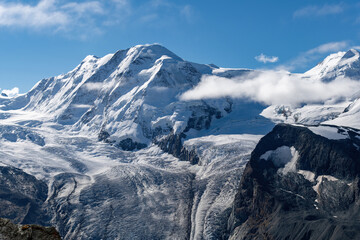 View summer 2021 of Lyskamm mountain (Silberbast) in Monte Rosa massif (Pennine Alps) lying on...