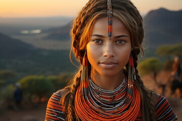 Portrait of a Maasai women with traditional jewelry walking towards mount