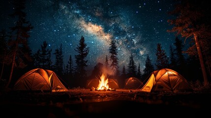 Camping under the Stars: A cozy campsite under a starry night sky, with a crackling campfire and silhouetted tents, conveying the joy of outdoor camping