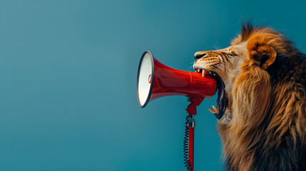Lion holding megaphone with its mouth open, generative ai - obrazy, fototapety, plakaty