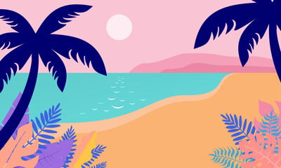 Fototapeta na wymiar Summer time fun concept design. Creative background of landscape, panorama of sea and beach. Summer sale, post template. Summer time vector banner design withcolorful beach