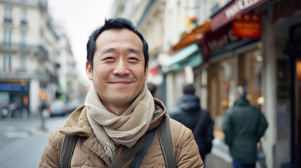 Fototapeta premium A Smiling Asian Man Captures the Parisian Charm