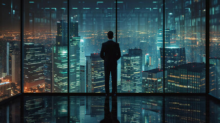 Fototapeta na wymiar Silhouette of businessman stands in the office looking through the window glass to night cityscape with skyscrapers ,road and night sky,business vision concept.