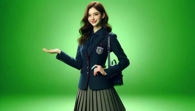 Green screen: High school girl raises hand to introduce  something