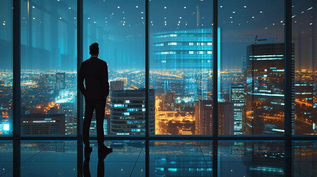 Silhouette of businessman stands in the office looking through the window glass to night cityscape with skyscrapers ,road and night sky,business vision concept.