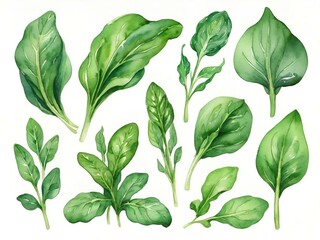 Obraz premium set of watercolor green spinach leaf, hand drawn illustration