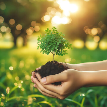 Environment Earth Day In the hands of trees growing seedlings.
Bokeh green Background Female hand holding tree on nature field gra