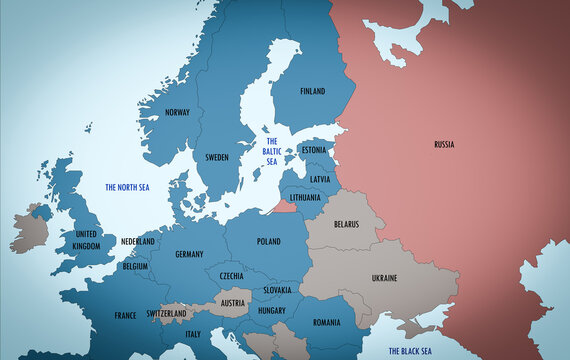 Countries included in the alliance NATO and Russia on Europe map.
