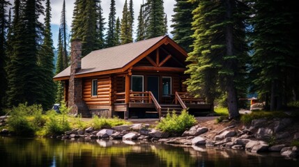 Obraz premium A cozy wooden house near a Green Pine Forest and a Lake. A log cabin for summer tourists in the national park. Horizontal Banner, Travel, Tourism, Nature Background.
