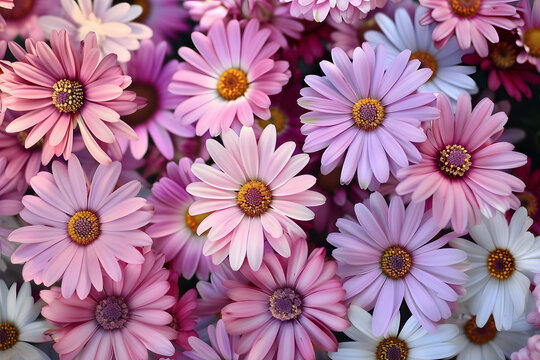 illustration of a background of daisies next to each other, an image in pink shades, a delicate spring background