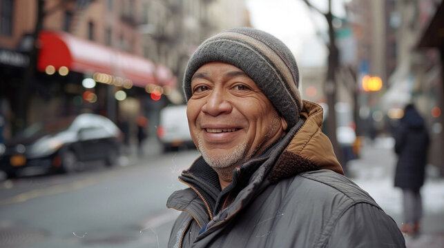  A Portrait of a Joyful Hispanic Man in Winter NYC
