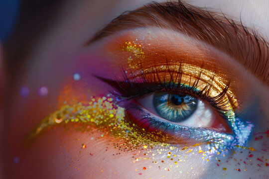 eyes of a beautiful girl with unusual makeup close-up, image in warm colors of beautiful makeup
