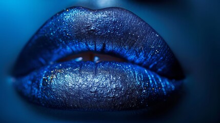 Close-up of deep blue woman's lips. Glossy blue lipstick with glitter. Half-open mouth of beautiful female model expresses sensuality and sexuality. Beauty and fashion makeup concept. Toned image.