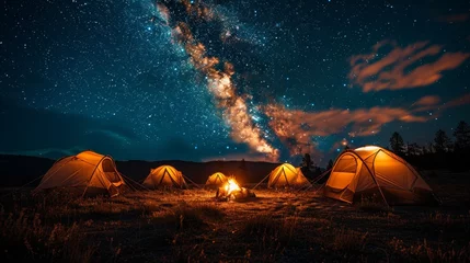 Keuken spatwand met foto Camping under the Stars: A cozy campsite under a starry night sky, with a crackling campfire and silhouetted tents, conveying the joy of outdoor camping © Nico