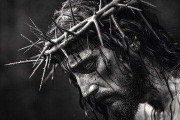 Jesus Christ. Crown of Thorns. Black and white portrait. High contrast