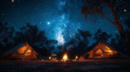 Camping under the Stars: A cozy campsite under a starry night sky, with a crackling campfire and silhouetted tents, conveying the joy of outdoor camping - obrazy, fototapety, plakaty