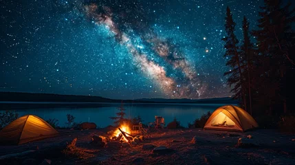 Poster Camping under the Stars: A cozy campsite under a starry night sky, with a crackling campfire and silhouetted tents, conveying the joy of outdoor camping © Nico