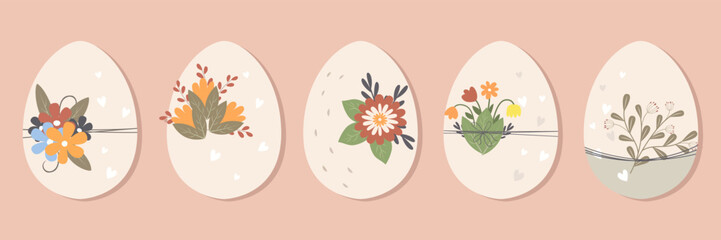 Happy Easter. Set of Easter eggs with different textures on a white background. Spring holiday. Vector Illustration. Happy easter eggs