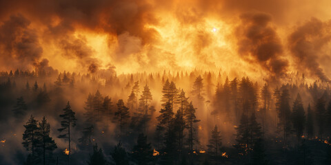 A forest fire rages in North America.