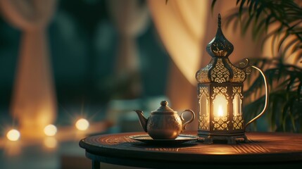 Ramadan Eid background with star crescent moon lights, moon decorative elements and lanterns.