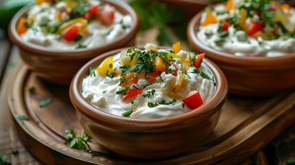 vegitable mix in dishes with sour cream on wooden table - obrazy, fototapety, plakaty