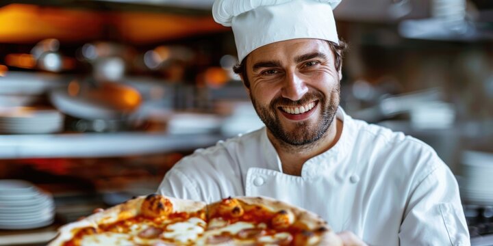 portrait of happy Italian male chef cooking pizza. ai generated