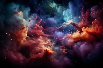 The background of a galaxy shrouded in misty clouds and illuminated by bright stars. Blurred red, blue and green shades of nebulae - 749356370