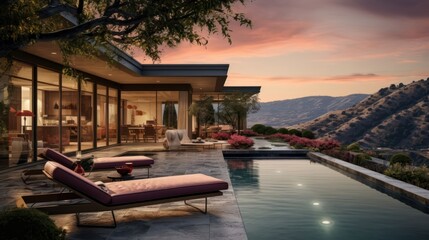 modern and sleek Mid-Century Modern house against a backdrop of rolling hills, blending style with nature